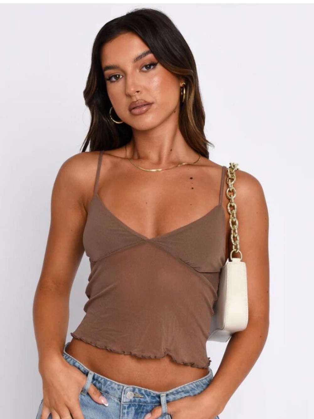 White fox Cami cropped lettuce edge double lined top brown xs like new